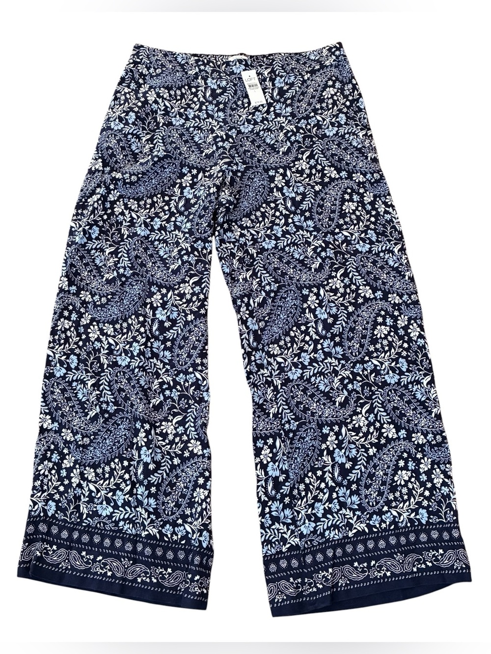 LOFT NWT Linen Blend Navy White Light Blue Floral Paisley Wide Leg Pants Size L - Picture 3 of 7